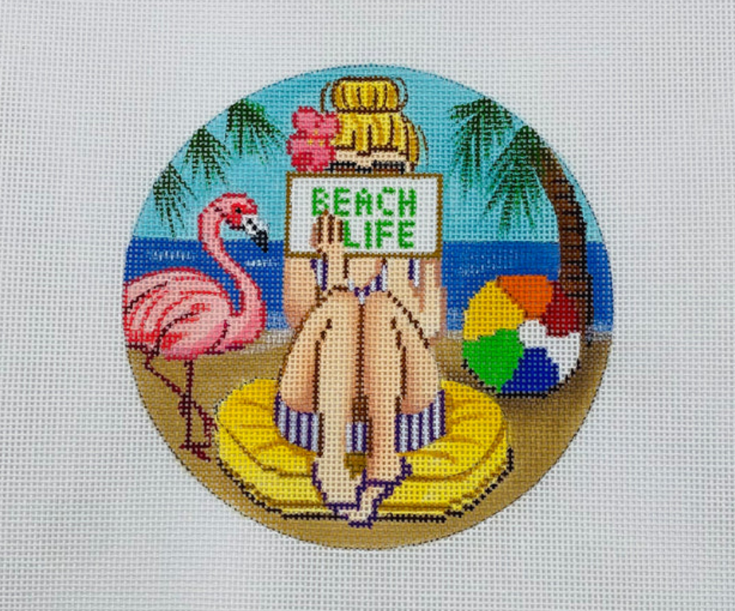 Beach Stitching Girl Round Canvas
