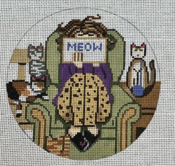Stitching Girl with Cat Round Canvas