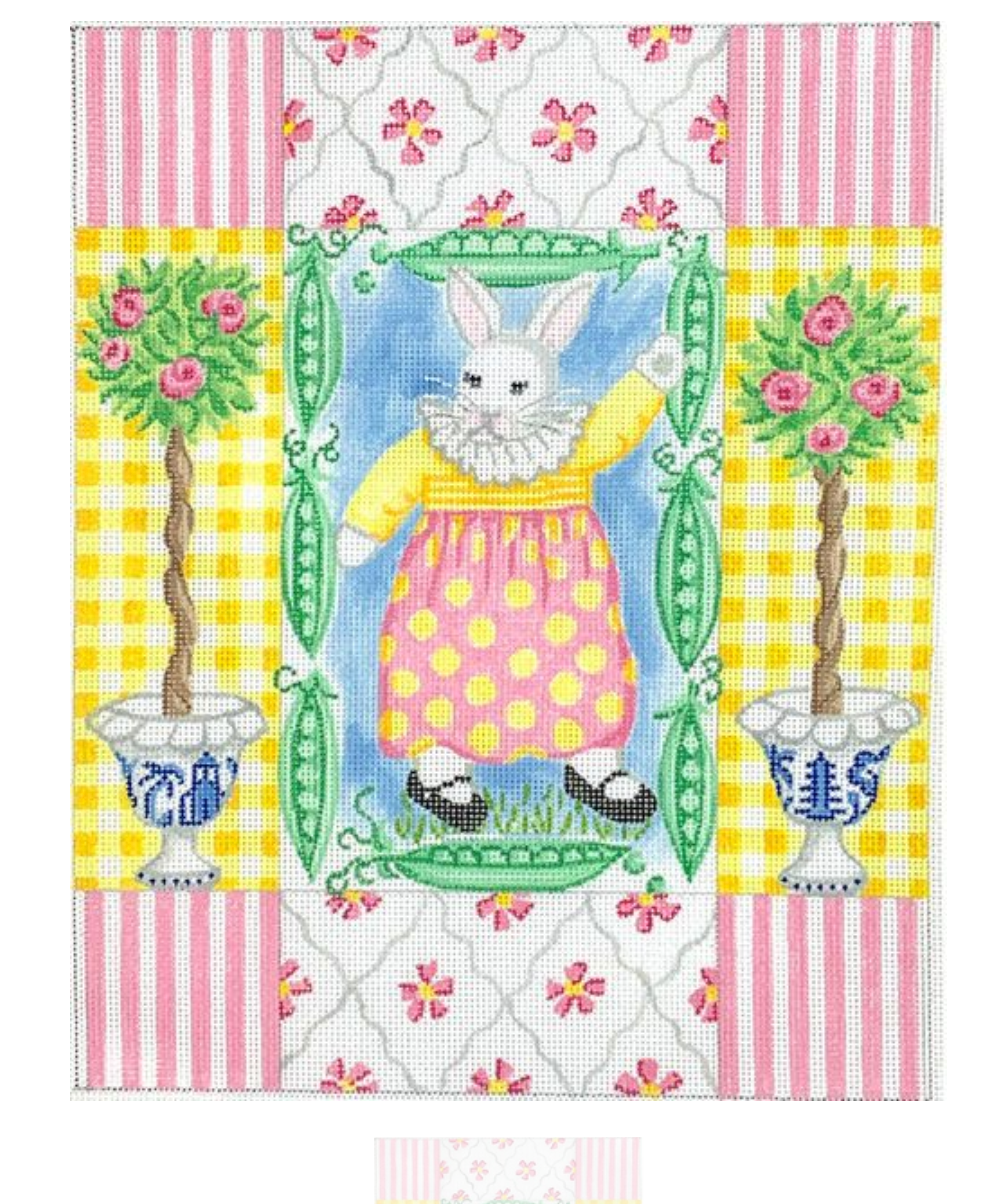 White Bunny Girl with Sugar Peas & Rose Topiaries