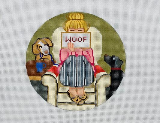 Stitching Girl with Dog Round Canvas