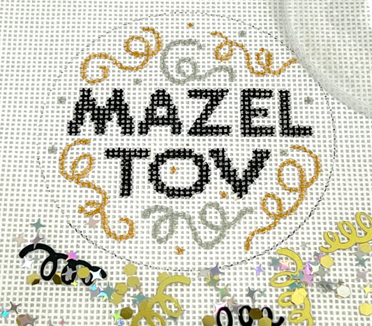 Clear Dome and Confetti - Mazel Tov with Black and Gold Confetti Swirls